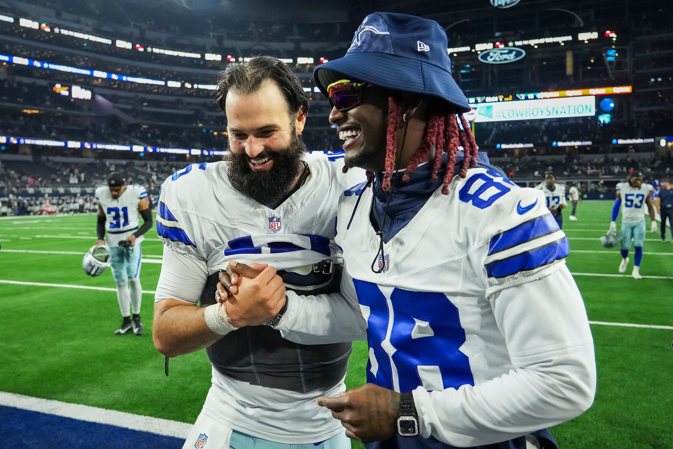 Arlington, United States. 26th Aug, 2023. Dallas Cowboys quarterback Will  Grier (15) is tackled by Las Vegas Raiders linebacker Luke Masterson (59)  during a NFL preseason season game between the Las Vegas