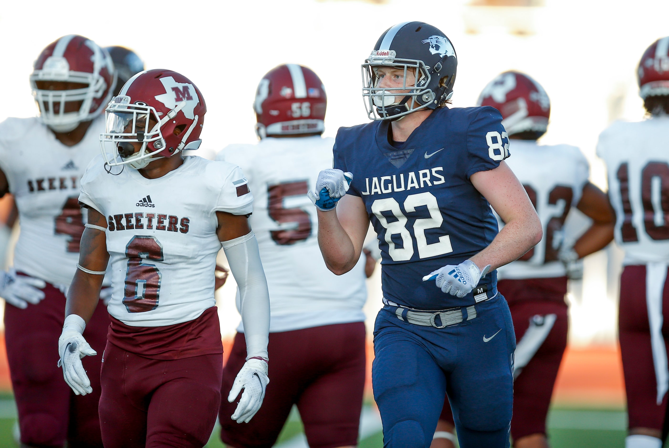 Flower Mound sophomore wide receiver Jason Welch (82) celebrates scoring a touchdown during...