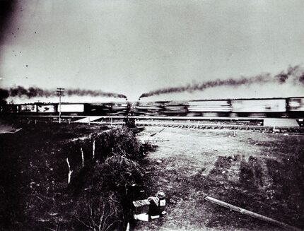 The engines approach for salute before their 1896 "duel." Image printed in the Sept. 15,...