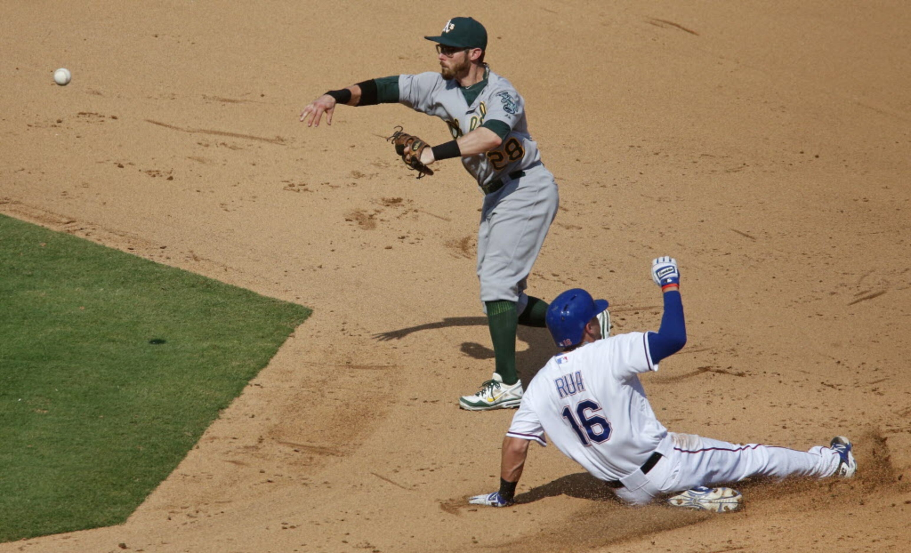 Oakland second baseman Eric Sogard turns the pivot at second as Texas' Ryan Rua slides in on...