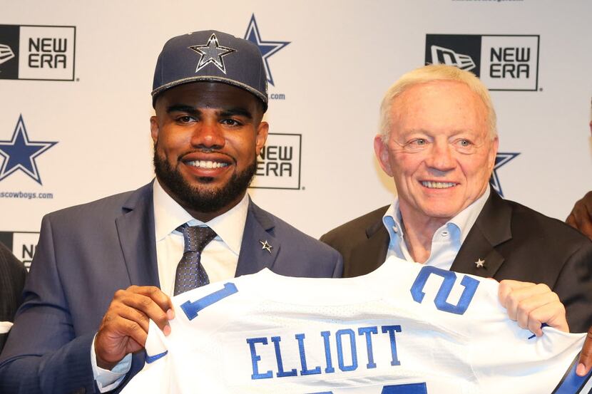 Apr 29, 2016; Irving, TX, USA; Dallas Cowboys number one draft pick Ezekiel Elliott poses...