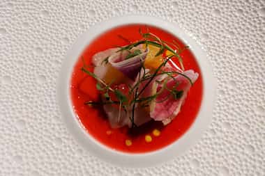 Escolar crudo with radishes and a sauce of cranberry and Fresno chile peppers at Carte...