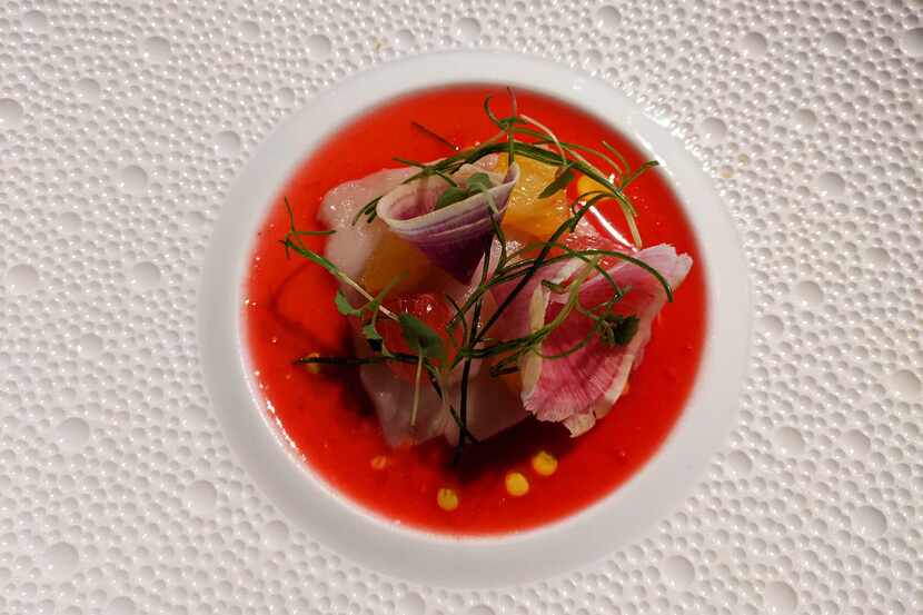 Escolar crudo with radishes and a sauce of cranberry and Fresno chile peppers at Carte...