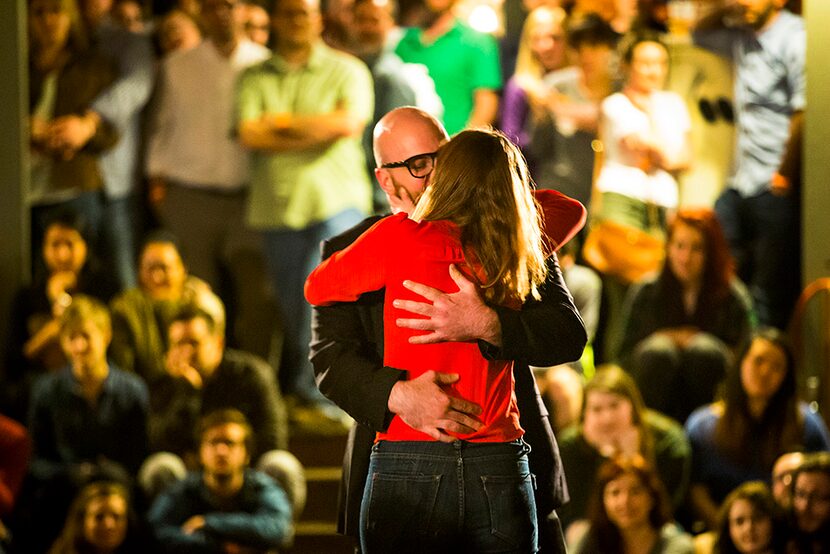 Brandon Potter, as Benedick,  kisses Katherine Bourne, as Beatrice, during a performance of...