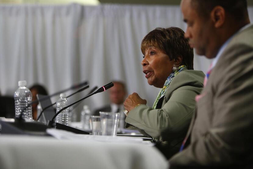 
Rep. Eddie Bernice Johnson asks questions during a hearing related to the 2014 Ebola case...