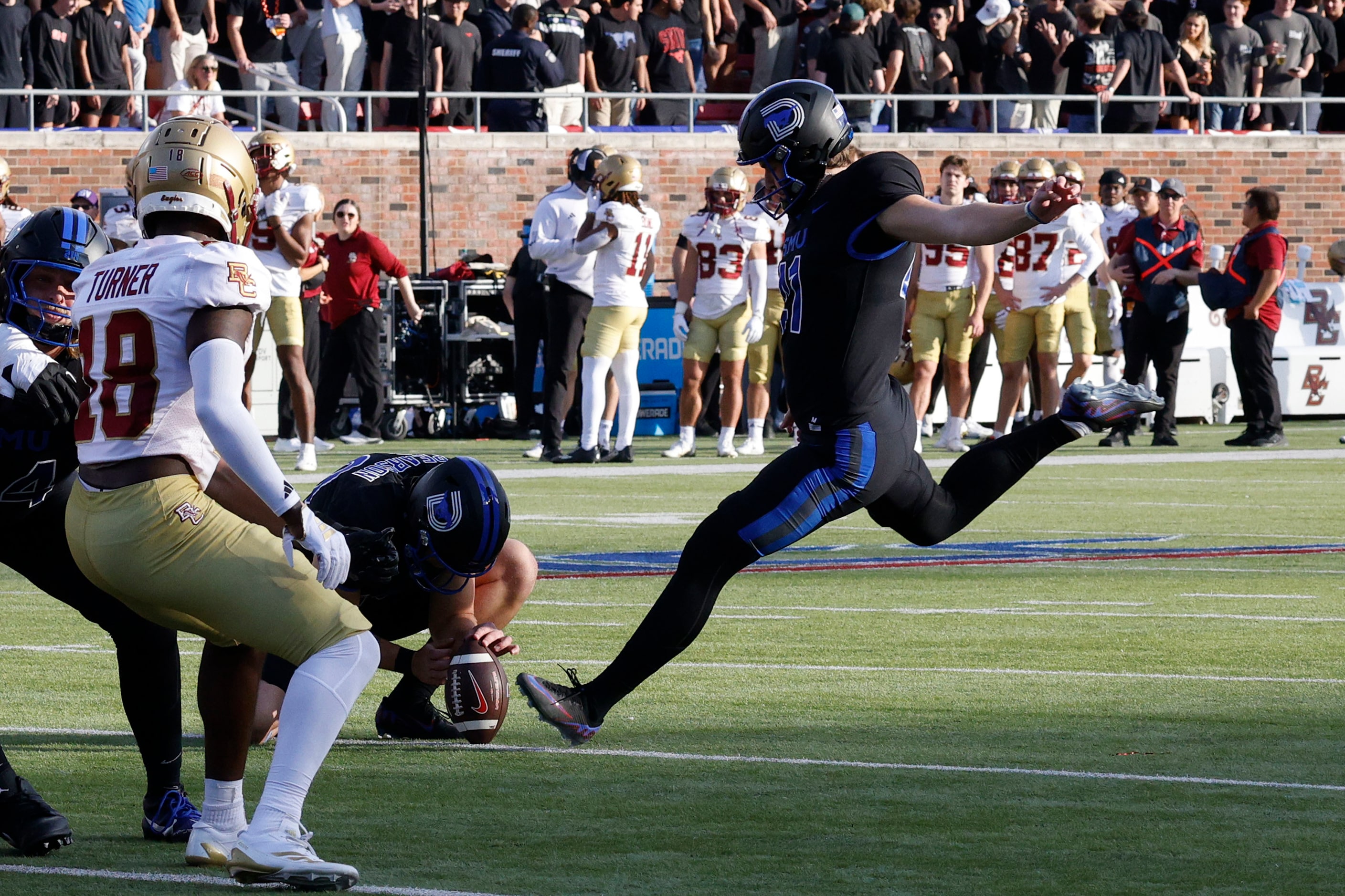 SMU place kicker Collin Rogers (41) scores a field goal against the Boston College during...