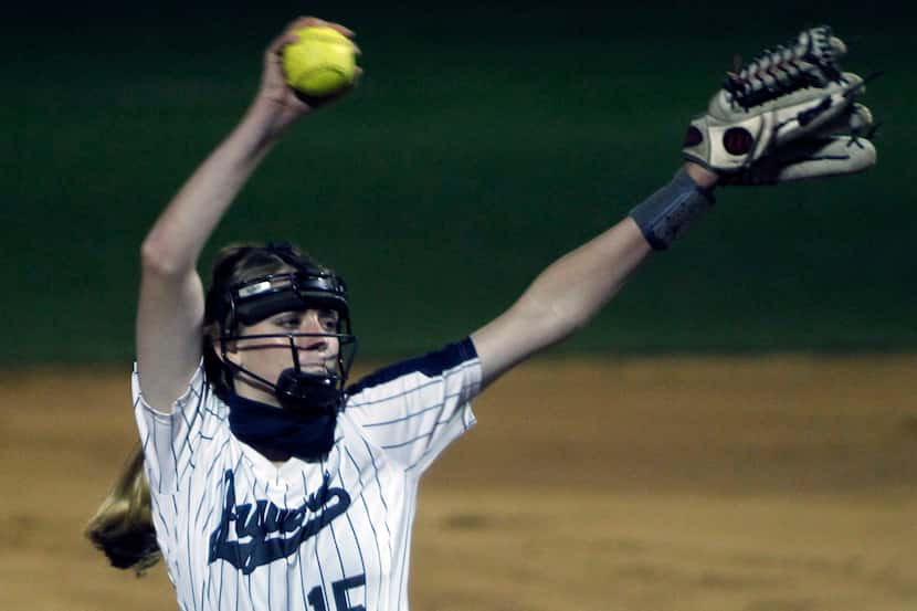 Flower Mound pitcher Landrie Harris (15) delivers a pitch to a Plano batter during the top...