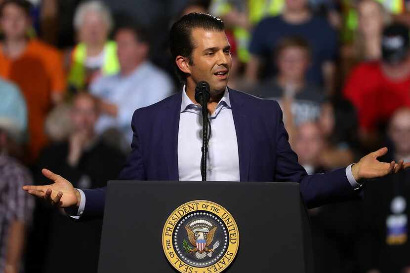 Donald Trump Jr. speaks ahead of his father, President Trump, during a campaign rally at...