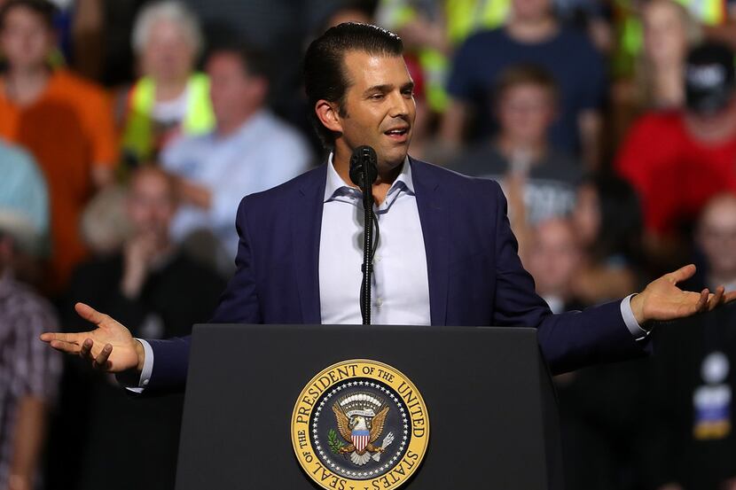 Donald Trump Jr. speaks ahead of his father, President Trump, during a campaign rally at...