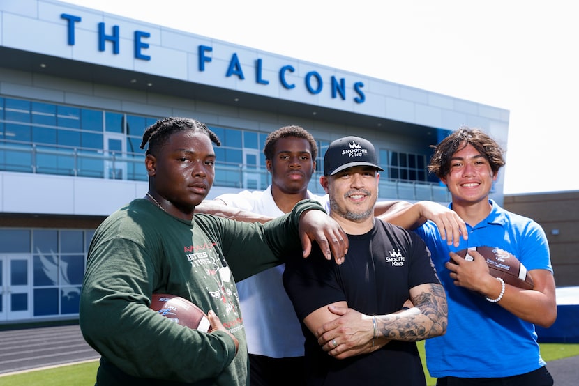 North Forney High School football players (from left ) AJ Anderson, Emari Oyedokun, and...