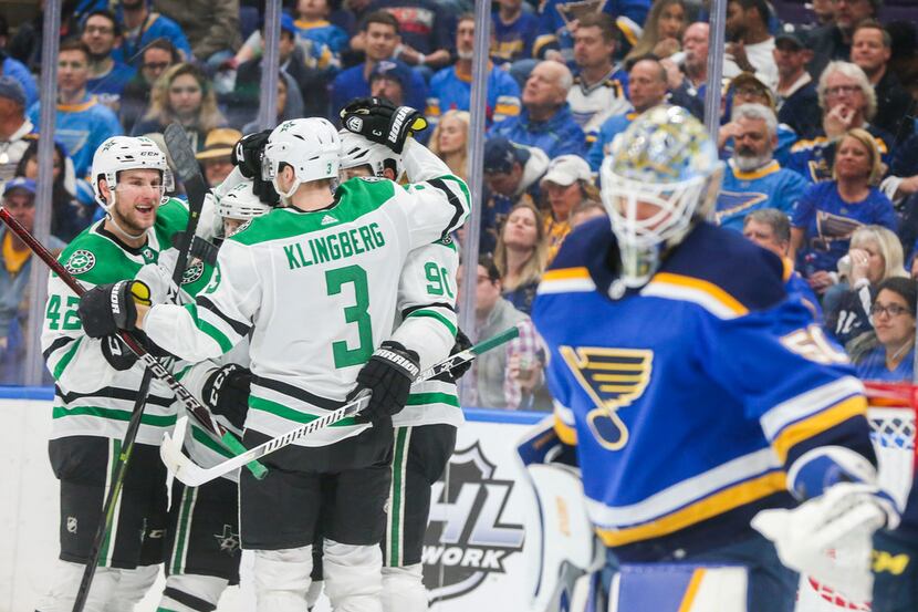 Dallas Stars players celebrate a Jason Spezza goal during g game 1 of an NHL second-round...