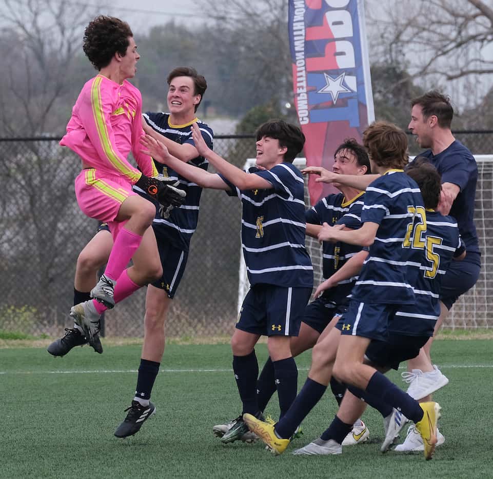 Prestonwood Christian celebrates after the save to win against of Central Catholic in the...