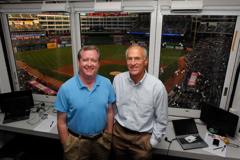 Texas Rangers broadcasters Matt Hicks and Eric Nadel at Rangers Ballpark in Arlington on...