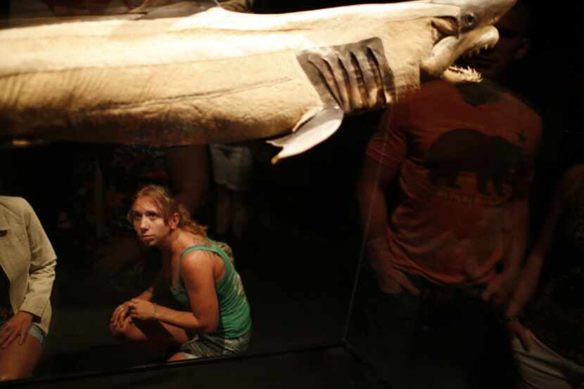 Jenny Allen, a marine biologist from Boston, looks at a display of a mako shark during...