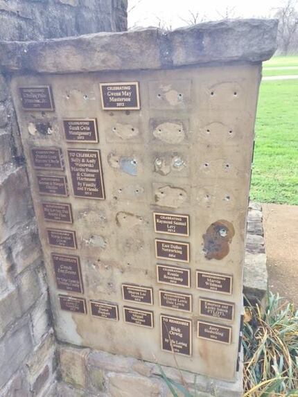 Plaques were pried from the memorial in Celebration Tree Grove.