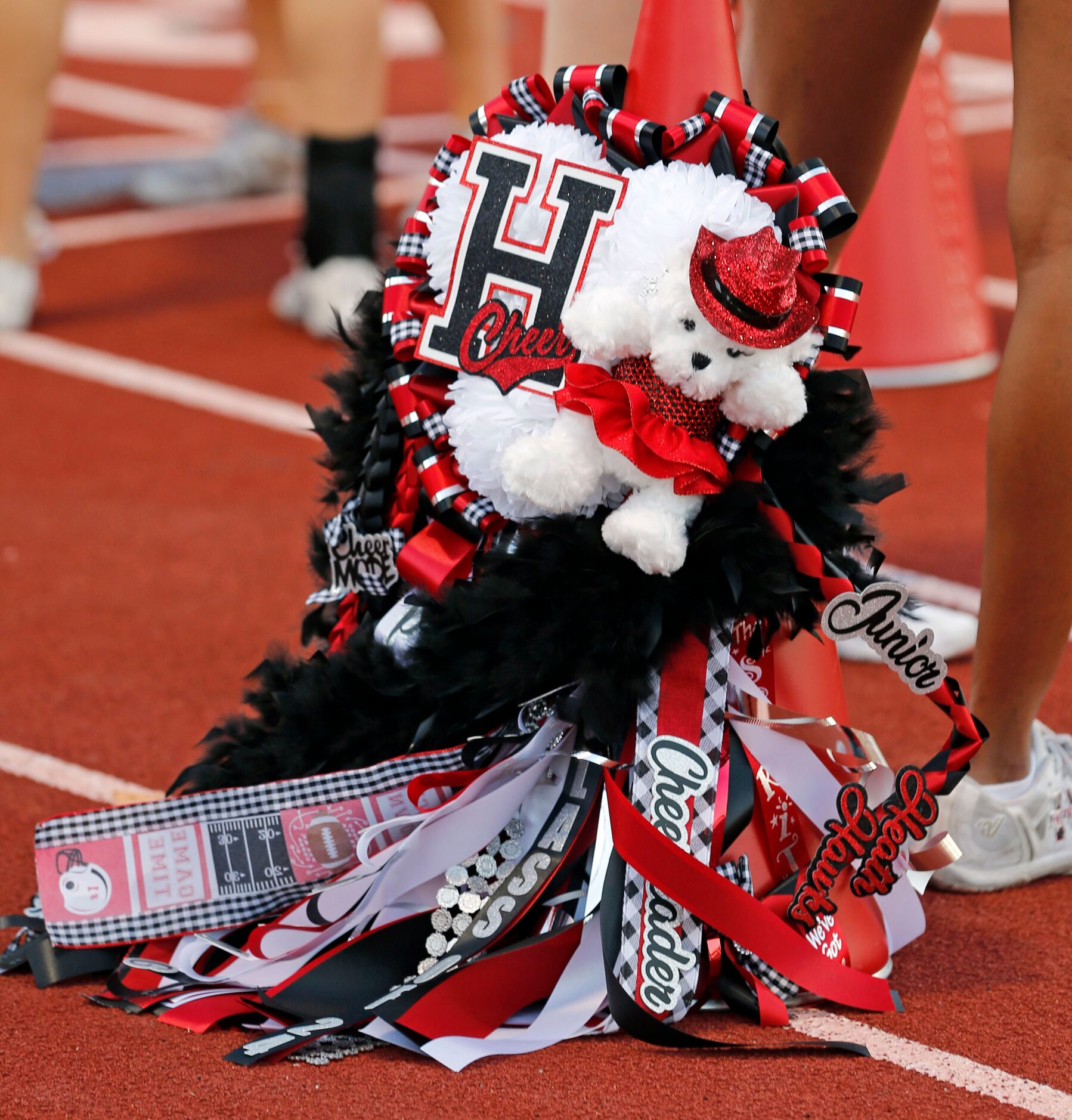 A Rockwall Heath cheerleader’s megaphone sports homecoming decorations during the first half...