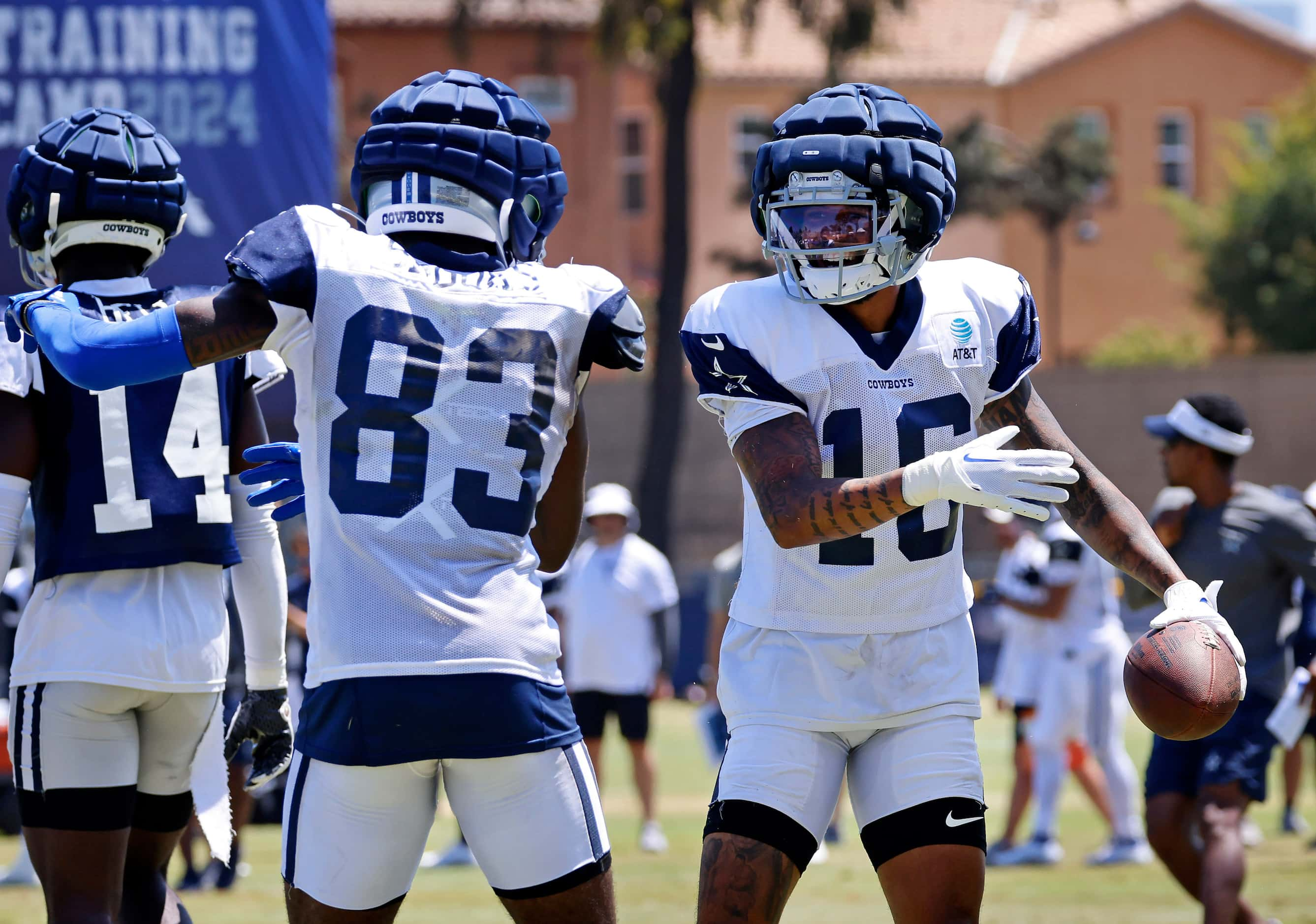 Dallas Cowboys wide receiver Jalen Moreno-Cropper (16) celebrates his touchdown catch with a...