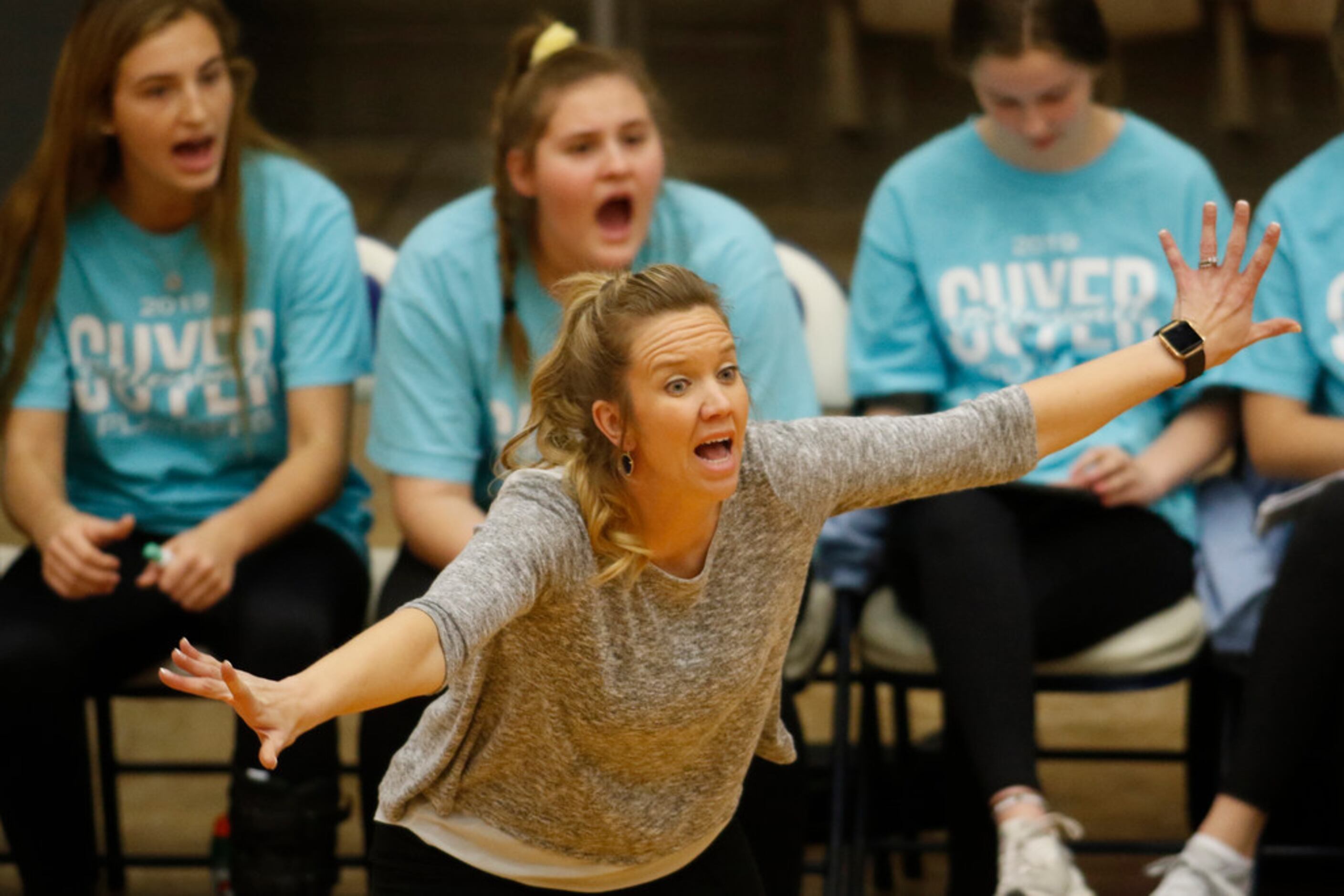 Denton Guyer head coach Heather Van Noy reacts to a game official's call during the 3rd game...