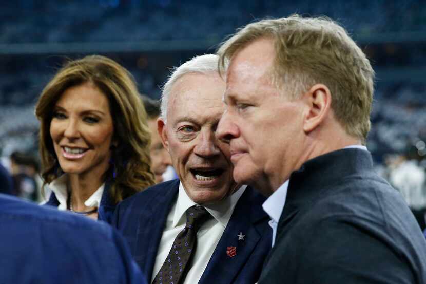 Dallas Cowboys Jerry Jones talks with NFL commissioner Roger Goodell and Dallas Cowboys...