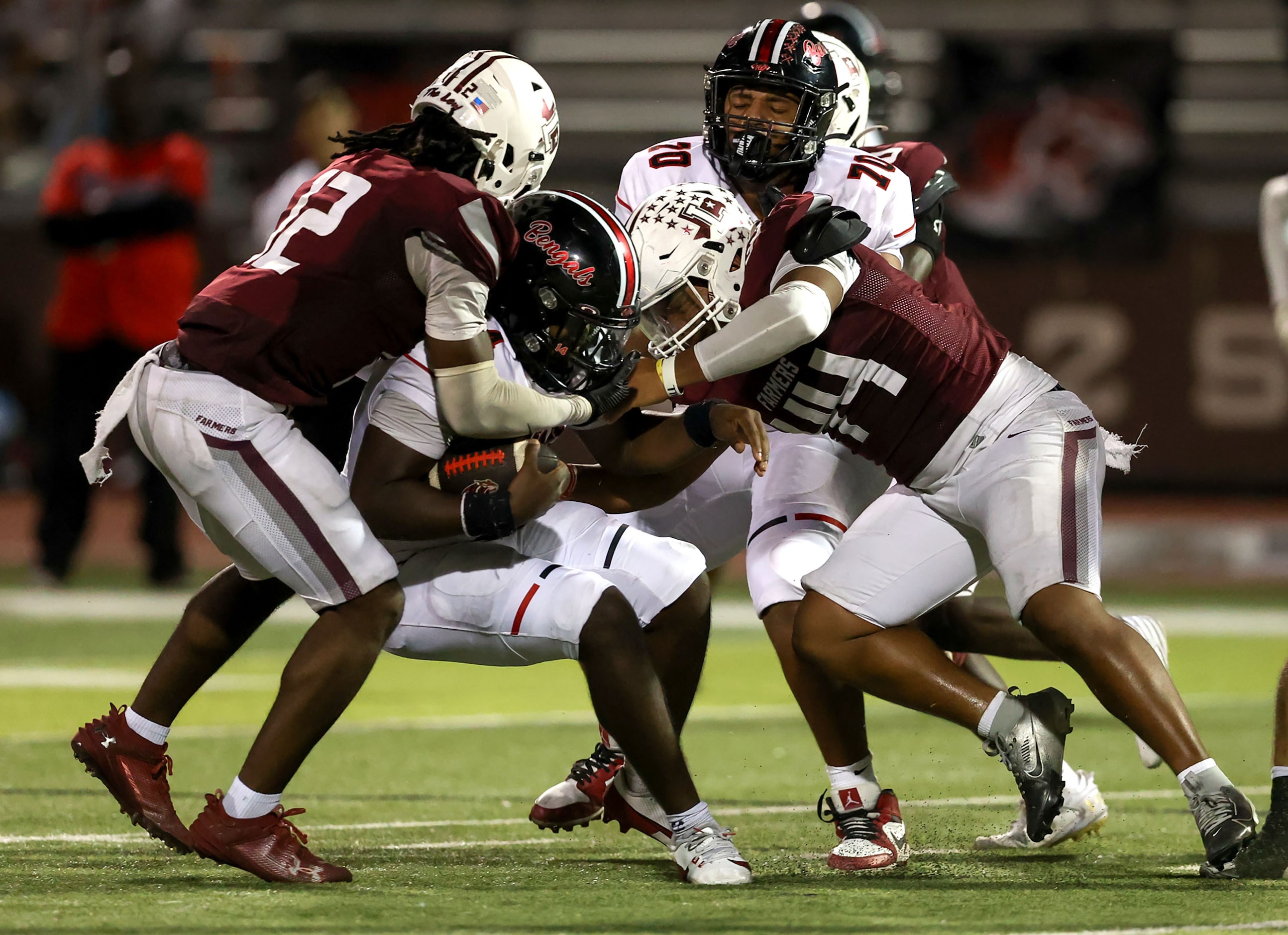 Denton Braswell quarterback Jeremiah Shipp is sacked by Lewisville linebacker Michael Cooper...