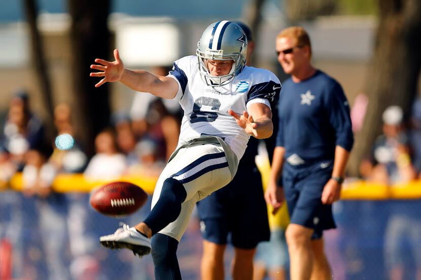 Dallas Cowboys punter Chris Jones (6) punts the ball away during afternoon practice at...