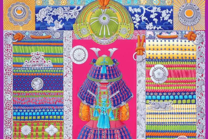 Parures de Samouras is a 90 x 90 cm silk twill scarf featuring a design by artist Aline...