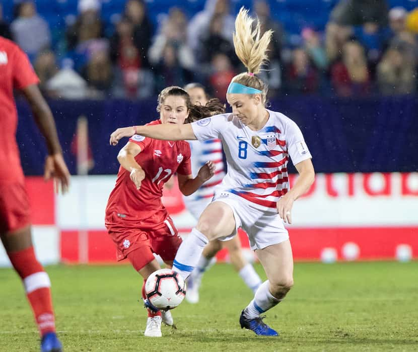 FRISCO TX - OCTOBER 17: USA midfielder Julie Ertz (#8) battles for the ball during the...