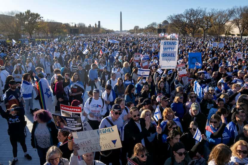 Supporters gather on the National Mall at the March for Israel on Tuesday, Nov. 14, 2023, in...