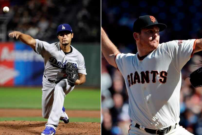 FILE PHOTOS -- Dodgers' Yu Darvish (left), Giants' Sam Dyson (right) 