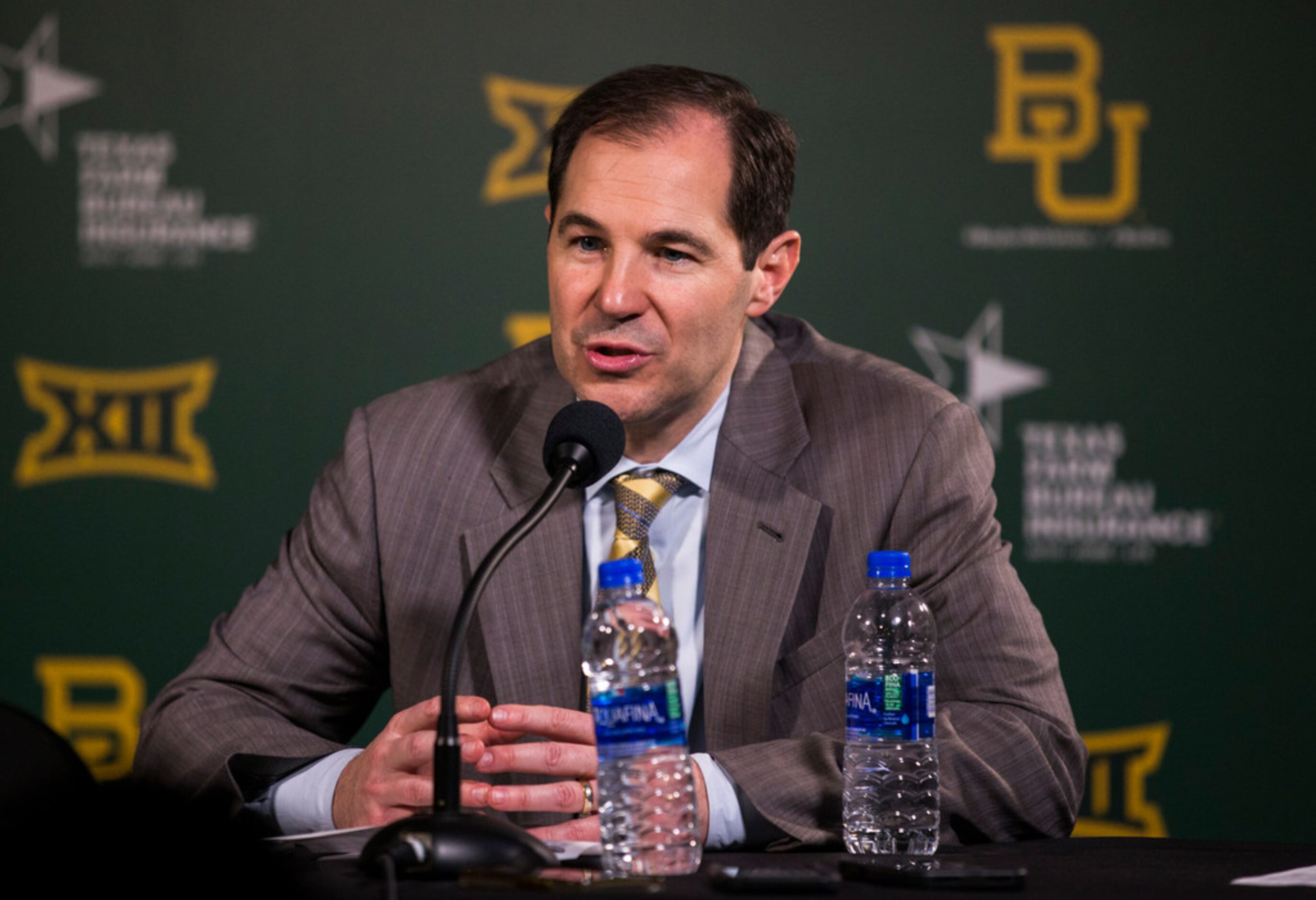 Baylor Bears head coach Scott Drew speaks to reporters after a 64-61 loss to Kansas Jayhawks...