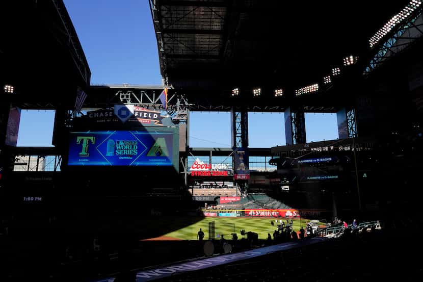 The roof Chase Field is opened as players warm up prior to Game 3 of the World Series...