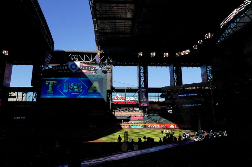 The roof Chase Field is opened as players warm up prior to Game 3 of the World Series...