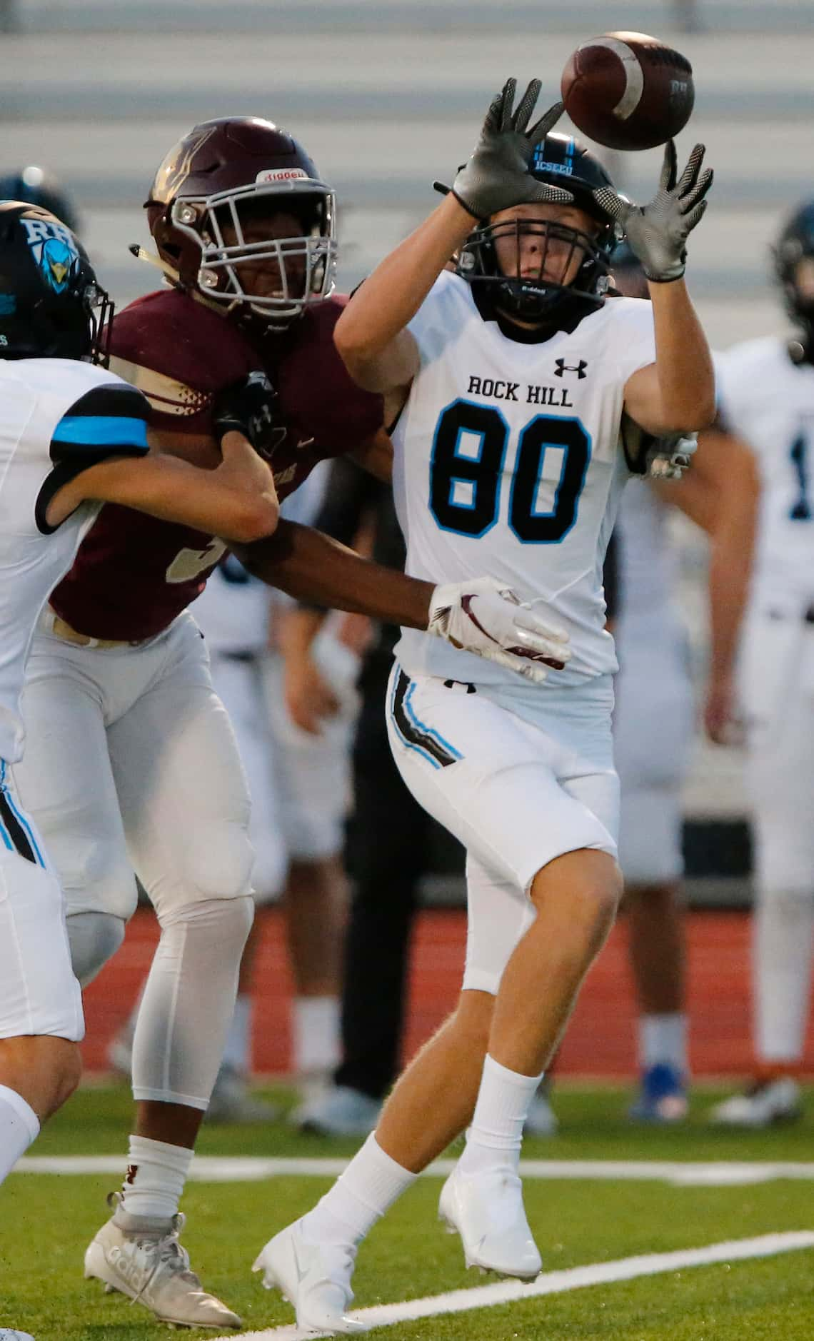 Rock Hill High School wide receiver Justin Pittman (80) was unable to hang onto this pass...