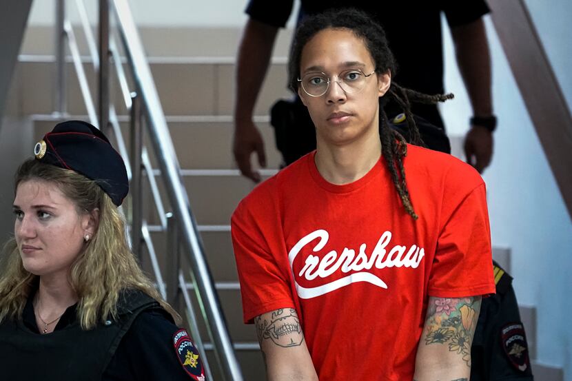 WNBA star and two-time Olympic gold medalist Brittney Griner is escorted to a courtroom for...