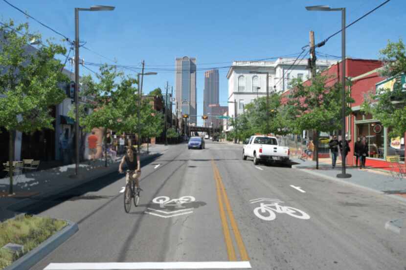 A computer-altered rendering shows Elm Street in Deep Ellum after the bike plan, which the...