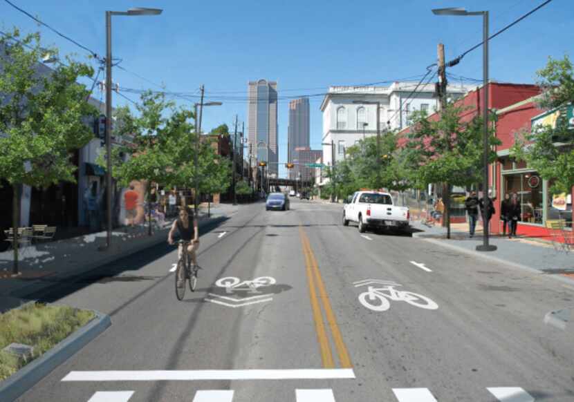 A computer-altered rendering shows Elm Street in Deep Ellum after the bike plan, which the...