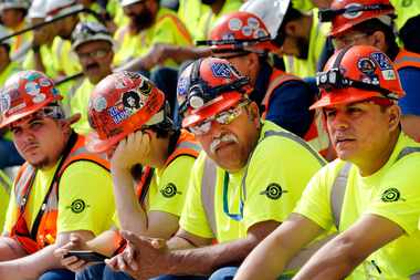 Construction workers building the new Rangers' Globe Life Field gathered to hear Loren...