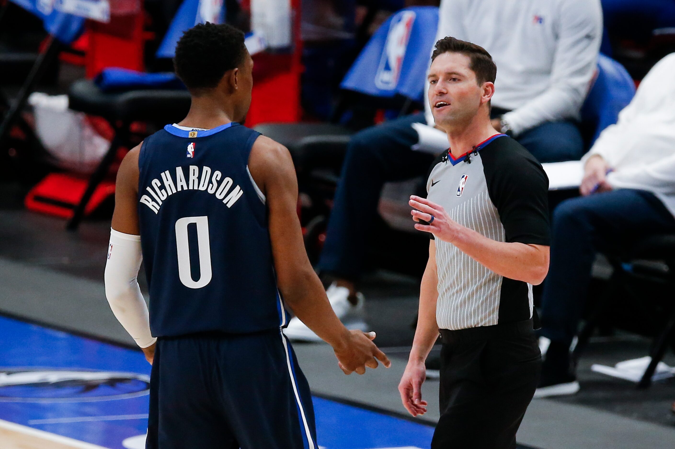 Dallas Mavericks guard Josh Richardson (0) argues a foul call with the referee during the...