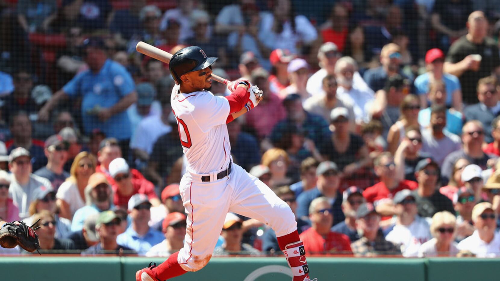 BOSTON, MA - MAY 02:  Mookie Betts #50 of the Boston Red Sox hits a solo home run during the...