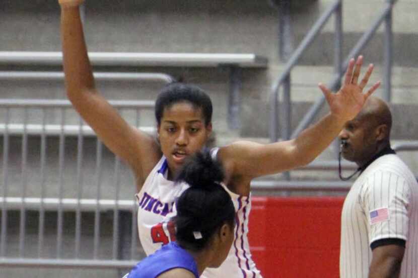Duncanville post Ciera Johnson (40) presents an obstacle defensively for Grand Prairie's...