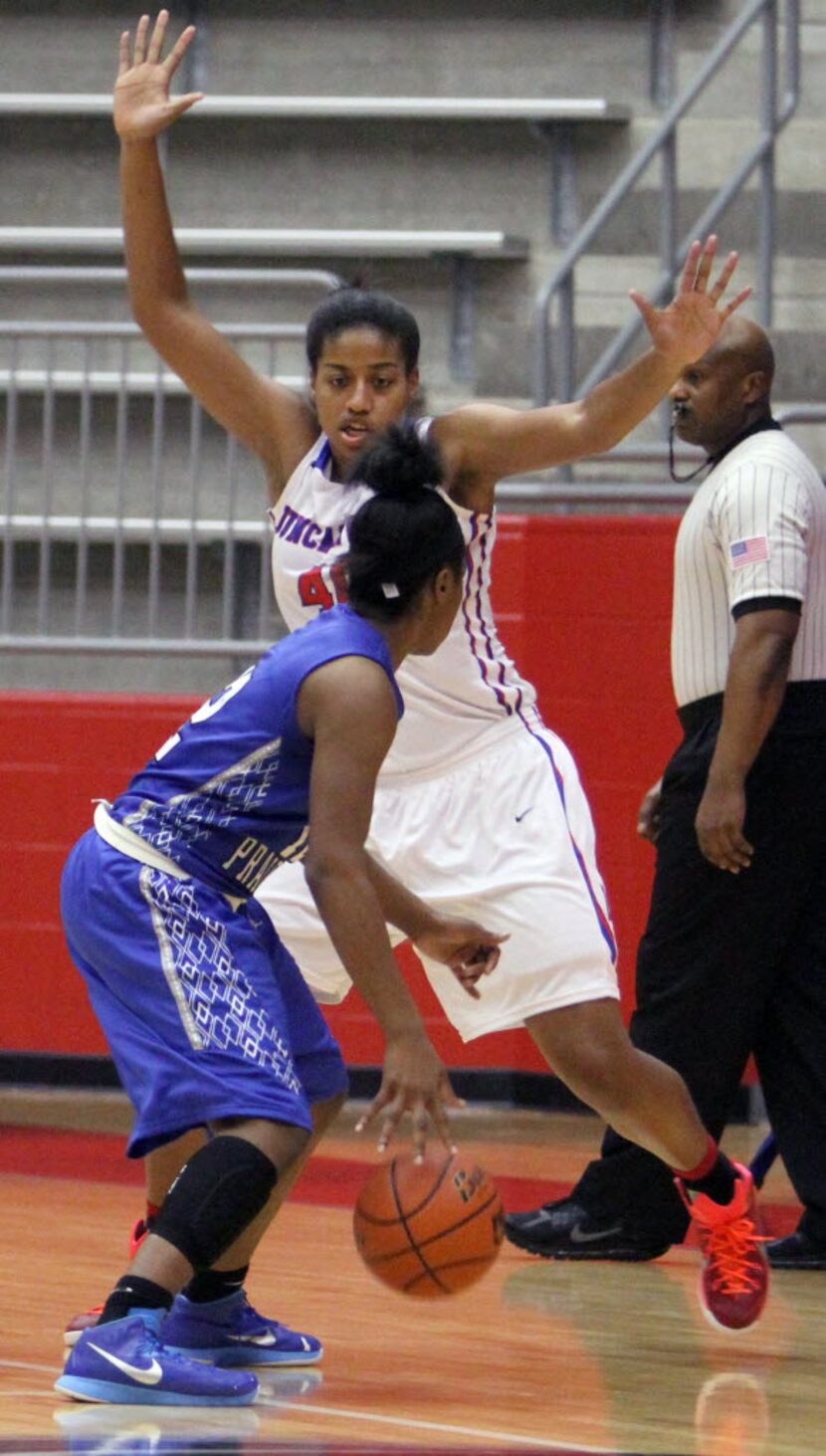 Duncanville post Ciera Johnson (40) presents an obstacle defensively for Grand Prairie's...