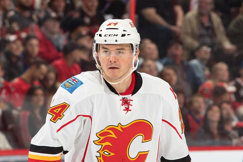 OTTAWA, ON - OCTOBER 28: Jiri Hudler #24 of the Calgary Flames looks on during an NHL game...