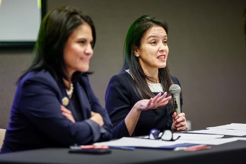 Texas State Representative Ana-Maria Ramos, left, looks on as Claudia Guerrero, an attorney...