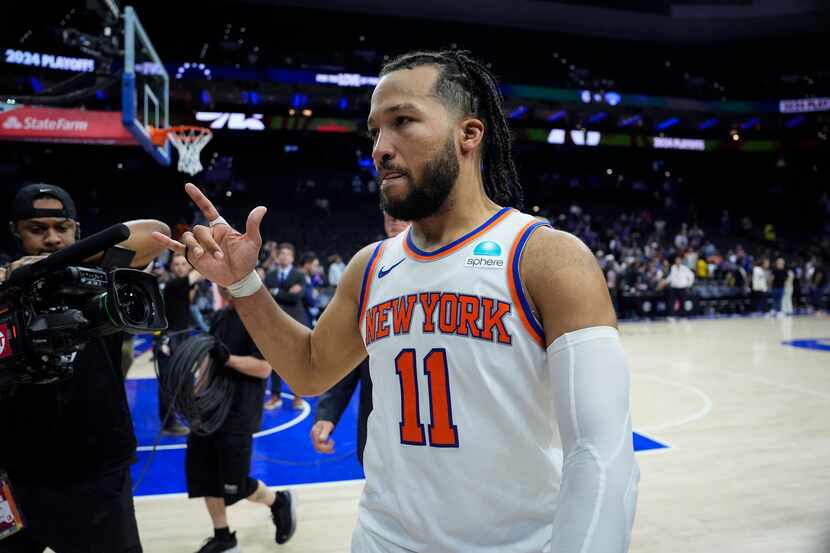 New York Knicks' Jalen Brunson reacts after winning Game 6 in an NBA basketball first-round...