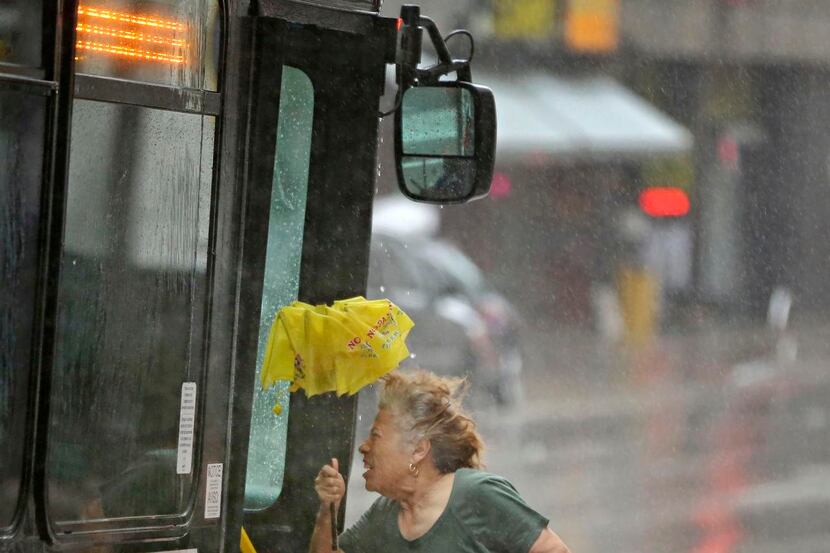 
A woman struggled against rain and wind as she boarded a bus along Elm Street in downtown...