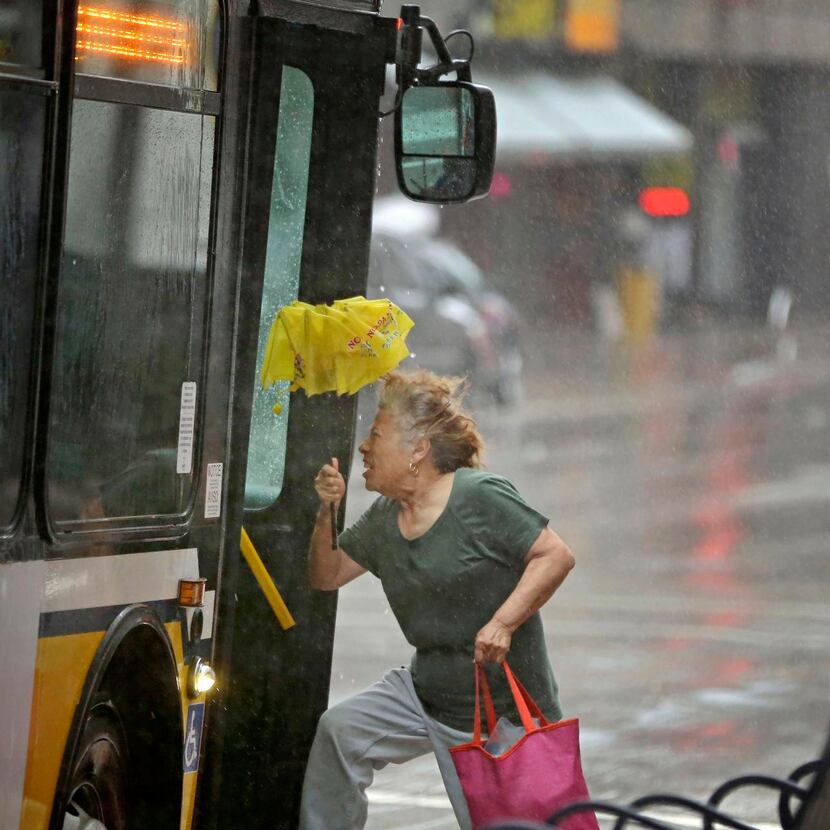 
A woman struggled against rain and wind as she boarded a bus along Elm Street in downtown...