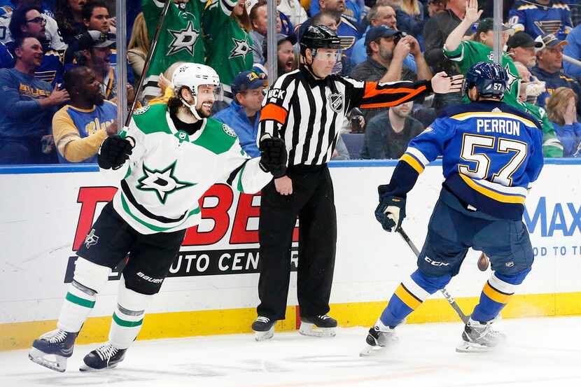 Dallas Stars center Mats Zuccarello (36) celebrates his first period goal against St. Louis...