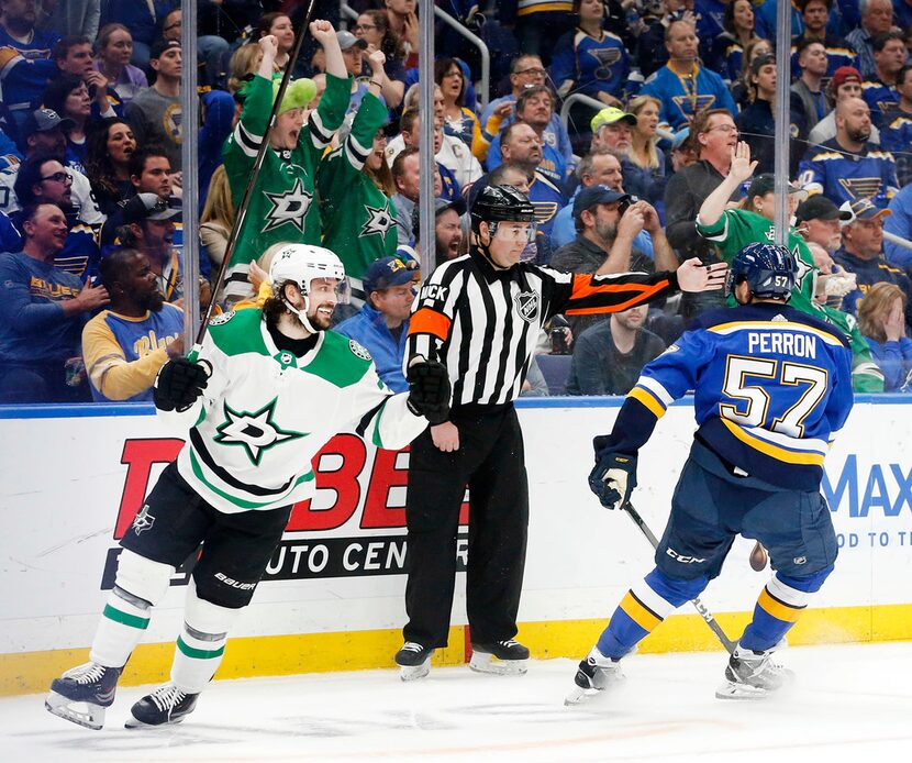 Dallas Stars center Mats Zuccarello (36) celebrates his first period goal against St. Louis...