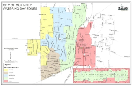 McKinney tiene un mapa de zonas de riego que define los días en que se pueden regar los...