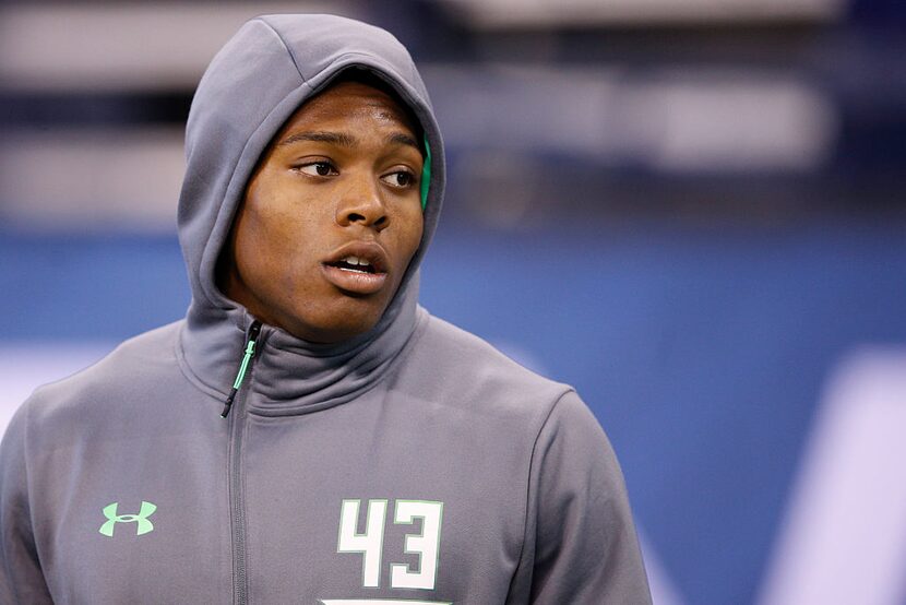 INDIANAPOLIS, IN - FEBRUARY 29: Defensive back Jalen Ramsey of Florida State looks on during...